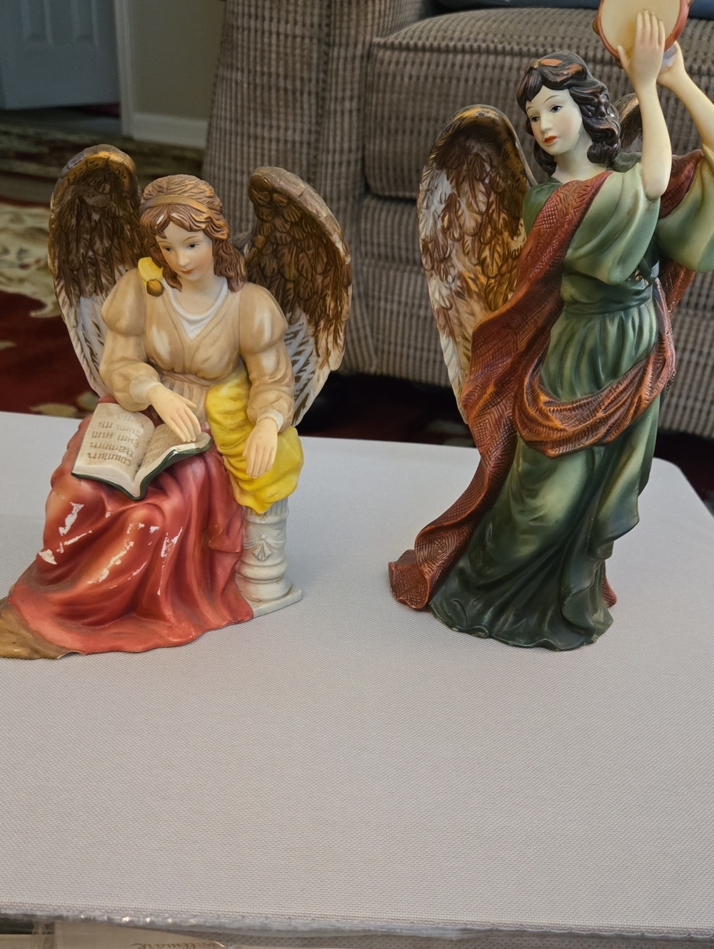 Vintage Porcelain Set  Two Decorative Angel Figurines - Red, Green, Gold Accents